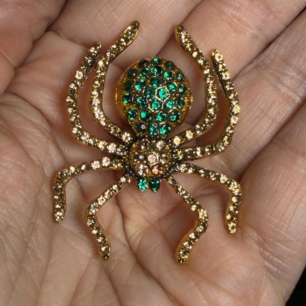 Spider Brooch Green Rhinestone Gold Tone Insect Pin 2” - Picture 6 of 8